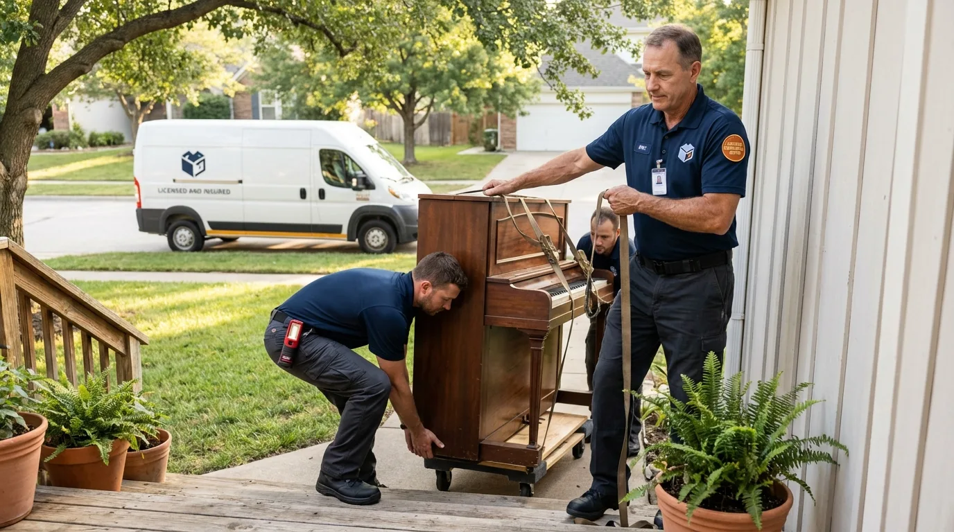 Licensed piano movers securing grand piano in Runnemede, NJ