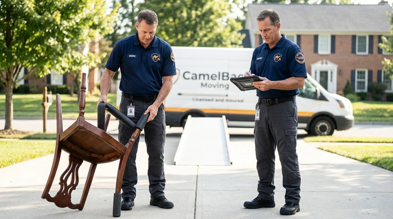 Movers inspecting furniture for damage prevention before loading in Runnemede, NJ