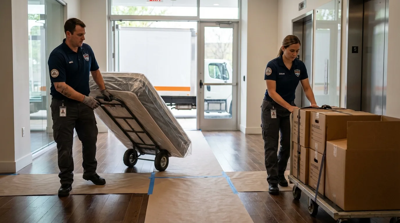 Professional apartment movers loading elevator in Runnemede, NJ
