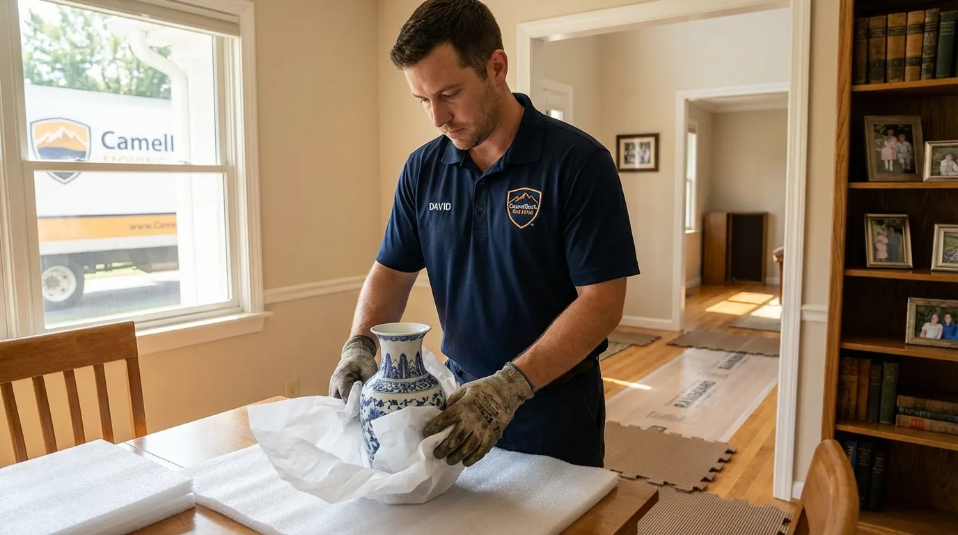 Professional crew carefully wrapping antique vase for senior downsizing move in Runnemede, NJ